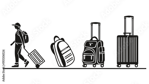 A person walking with various types of luggage including backpacks and suitcases