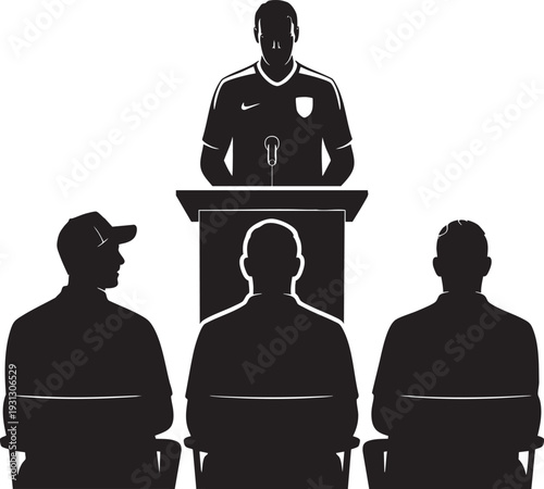 Coach briefing athletes in dark silhouettes against white background with dramatic lighting for sports presentation