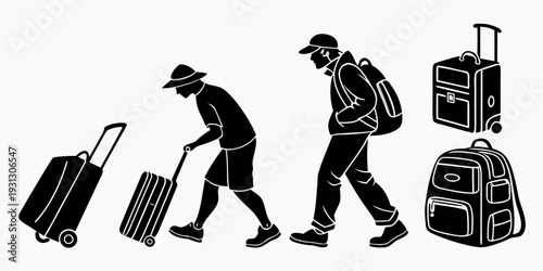 A series of illustrations depicting a person carrying various types of luggage