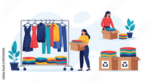 Women organizing and packing clothes into cardboard boxes for donation or recycling next to a rack of colorful dresses and pants.