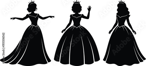 Black princess silhouettes set, vector beautiful girl in ball gown and crown icon collection for fairy tale design, isolated on white background