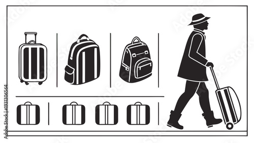 A man walking with luggage and various types of bags in the background.