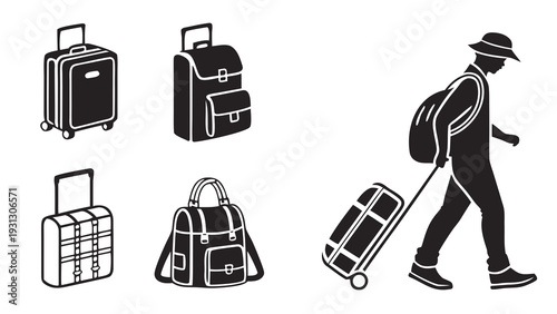 A man with a guitar and luggage walking through an airport.