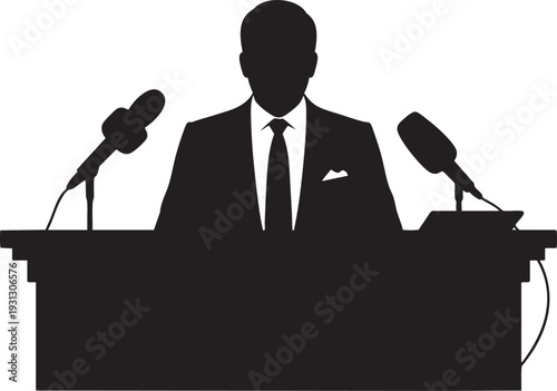 Silhouette of businessman speaking at podium with microphones in dramatic black and white illustration for press conference