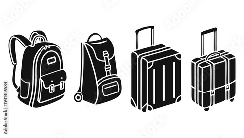 Assorted luggage and backpacks in black and white illustration