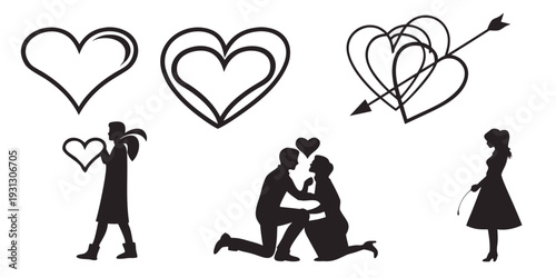 Romantic illustrations of couples in various loving poses and heart symbols