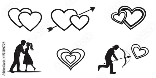 A collection of heart and couple illustrations, showcasing various romantic symbols and poses.
