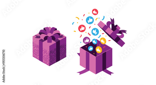 Two purple gift boxes, one closed and one open with colorful thumbs up icons floating out to represent social media engagement.