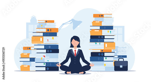 Businesswoman sitting in a lotus pose meditating between two huge stacks of office files for stress management and work balance.