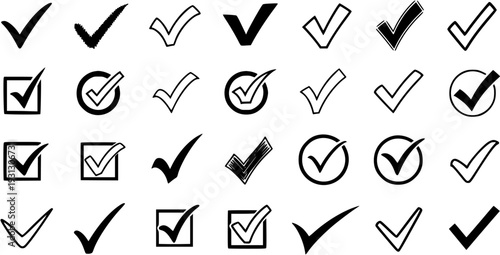 Diverse collection of checkmark icons in various styles, black on a white background. Set of tick marks for approval, completion, and correct selection.