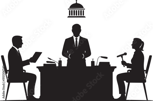 Silhouette of people in a meeting with government building in the background in black and white with dramatic lighting for editorial use