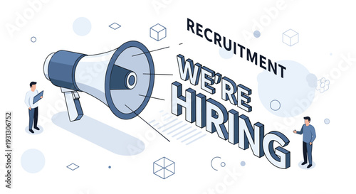 Recruitment advertisement with a giant megaphone and the words we are hiring surrounded by small business people and icons.