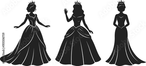 Black princess silhouettes set, vector beautiful girl in ball gown and crown icon collection for fairy tale design, isolated on white background
