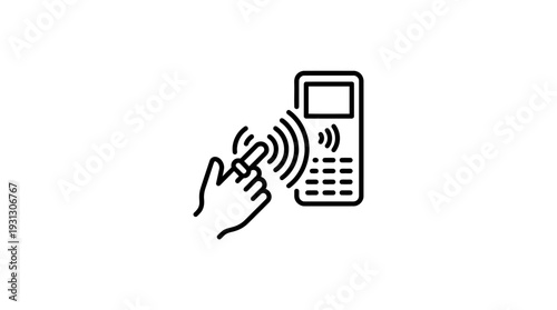 Line art icon depicting a hand holding a key fob interacting wirelessly with a modern payment terminal reader