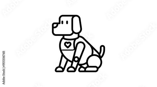 Simple black and white line art icon representing a cute robotic or mechanical service dog sitting down patiently