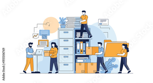 Team of people working in a busy office organizing filing cabinets and boxes to represent data management and archiving tasks.