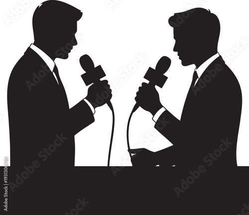 Two journalists interviewing in studio setting with dramatic lighting on white background for news broadcast