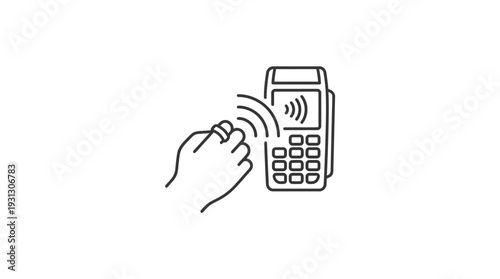 Line art icon depicting a hand wearing a ring interacting wirelessly with a modern payment terminal device