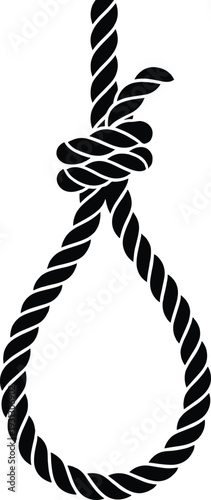 Black rope noose silhouette isolated on white background, hangman knot vector illustration, symbol of suicide prevention, gallows rope, justice and punishment, loop