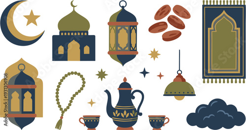 Conceptual vector illustration collection of traditional Islamic symbols and decor, perfect for Ramadan, Eid, and cultural celebrations, featuring mosque, lanterns, and prayer items