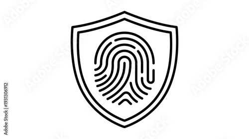 A distinct outline of a human fingerprint within a protective shield symbol, representing secure digital identity and biometric authentication.