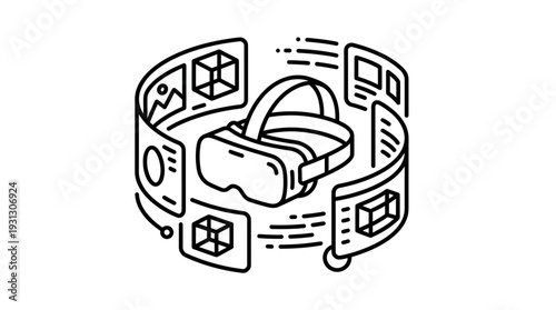 Futuristic virtual reality headset presenting a panoramic view of interactive digital content and augmented data visualizations.
