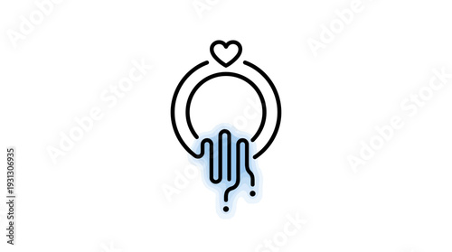 Modern abstract black outline icon showing a wedding ring, a heart, and blue question mark drips for relationship uncertainty.