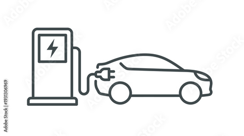 Simple outline icon depicting an electric vehicle actively charging at a modern energy refueling station infrastructure.