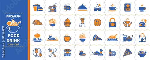 Food and Drink Icons Set with Various Cuisine Elements Isolated on White Background