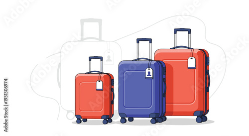 Colorful set of travel suitcases in various sizes with identity tags ready for a vacation, business trip, or relocation journey.