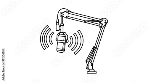 Simple black and white line art icon depicting a professional broadcast microphone mounted on an adjustable arm.