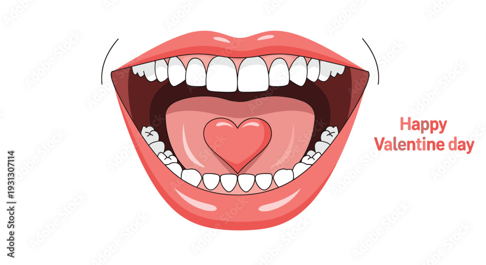 Naklejka premium Creative Valentine's Day illustration showing a wide open smile with a heart shaped tongue to express love and happiness.