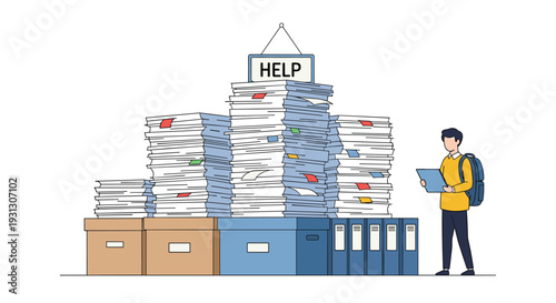Overwhelmed student standing before a massive pile of study materials and paperwork seeking assistance with academic workload.