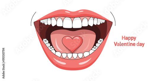 Creative Valentine's Day illustration showing a wide open smile with a heart shaped tongue to express love and happiness.