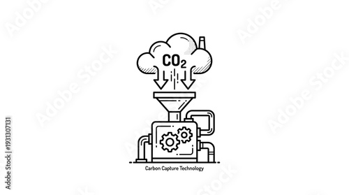 Simple line art icon illustrating the process of capturing carbon dioxide emissions through industrial machinery and filtration.
