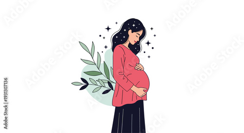 Beautiful pregnant woman standing peacefully surrounded by natural leaves and magical stars celebrating new life and motherhood.