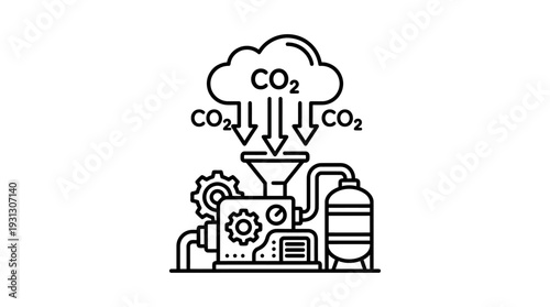 Simple line icon illustrating carbon dioxide capture process utilizing industrial machinery and atmospheric collection