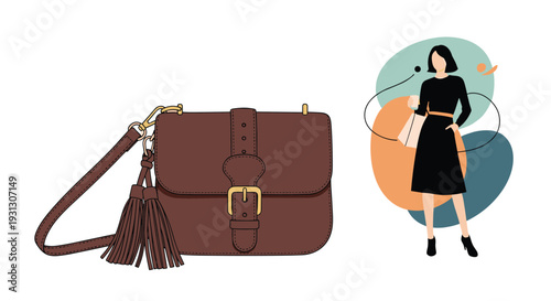 Fashionable brown leather handbag with tassels paired with a stylish woman in a black dress represents modern elegance and trend.