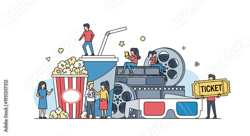 Group of people enjoying a cinema experience with giant popcorn, film reels, movie tickets, and 3D glasses in a fun setting.