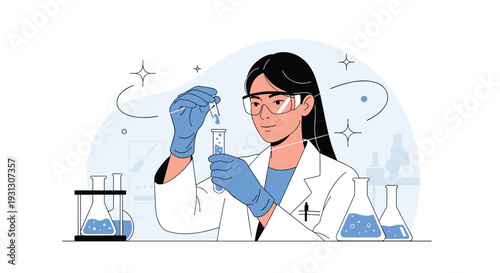 Professional female scientist conducting precise chemical experiments and liquid testing in a high-tech modern laboratory setting.