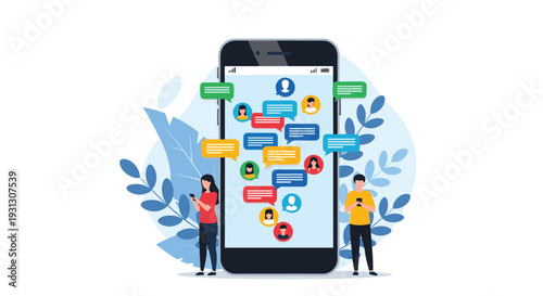 Global social communication illustrated with people interacting and messaging through a giant mobile smartphone network application.