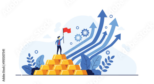 Successful businessman holding a red flag on top of a gold bar pyramid representing financial victory and wealth achievement.