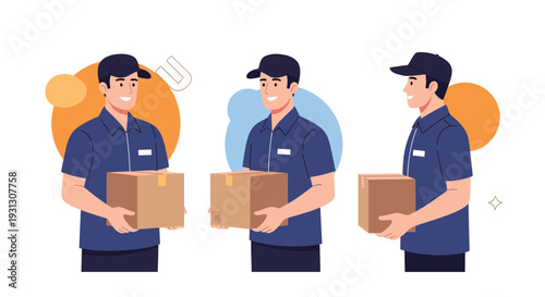 Friendly delivery men in professional blue uniforms hold cardboard packages while standing in various confident poses.