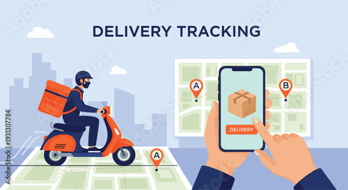 Mobile phone application displays a real-time map for tracking a delivery scooter rider through a city street layout.