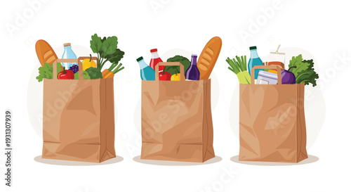 Selection of three brown paper grocery bags filled with various fresh foods, vegetables, bread, and bottled beverages.