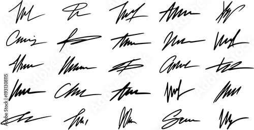 Collection of 21 Stylized Handwritten Signatures in Black Ink on White Background