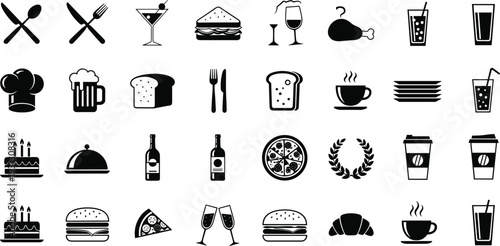 Restaurant and food silhouette icon set with burger, pizza, coffee and beverage symbols