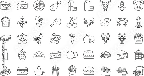 Food and grocery line icon set with fruits, vegetables, meat, dairy and fast food symbols