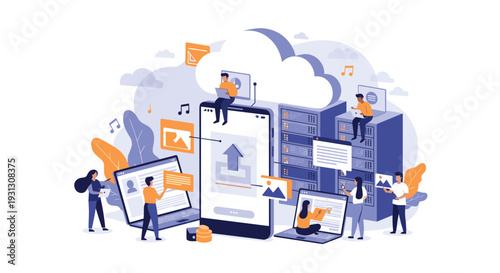 Group of people use mobile devices and computers connected to a large central Wi-Fi signal for global wireless connectivity.