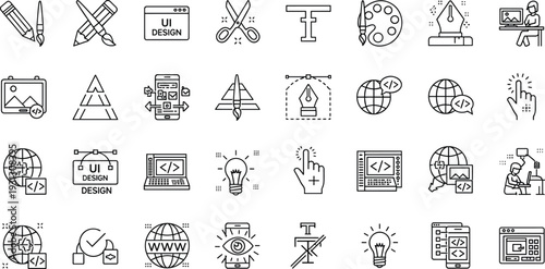 Web design and development line icon set with coding, UI UX, creative tools and digital symbols